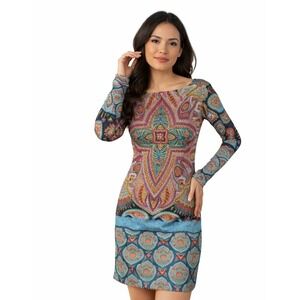ISLE by Melda Koyan Dress Women M Boho Paisley Bodycon LongSleeve Stretch Turkey